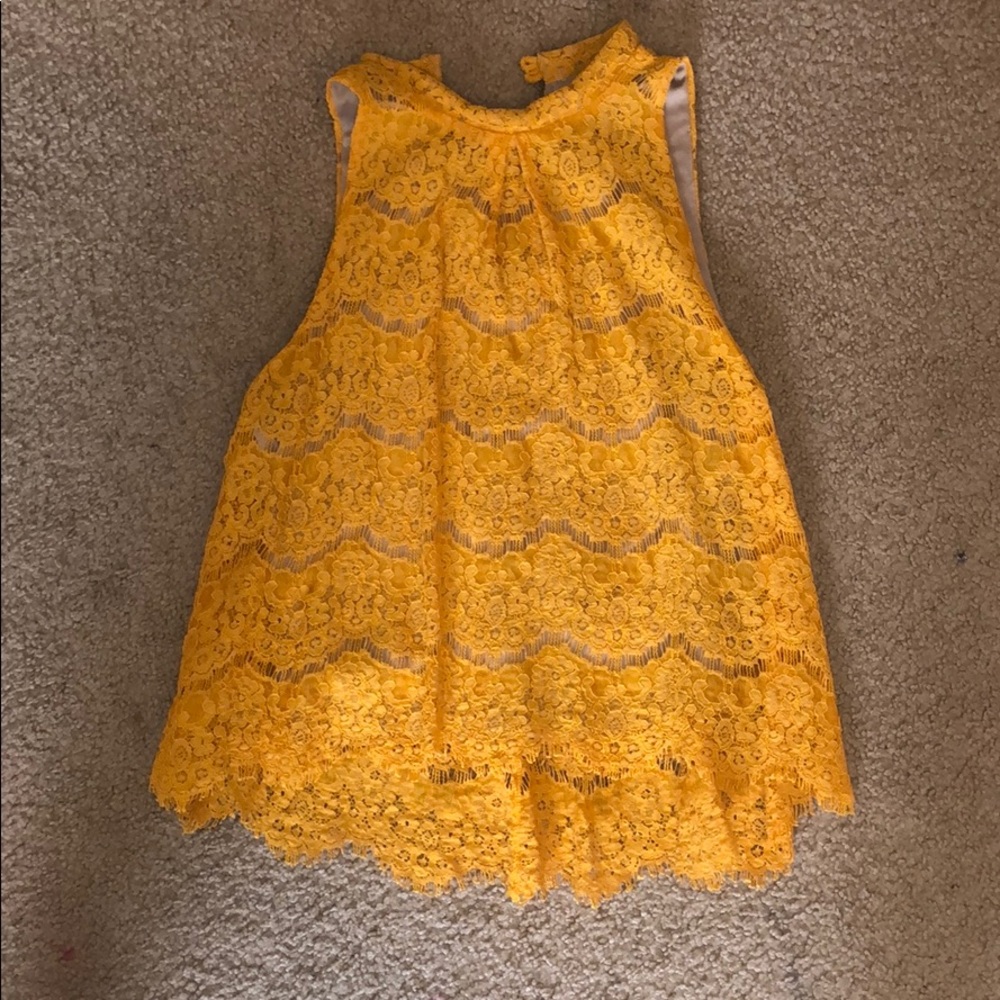 yellow lace sleeveless top with keyhole back